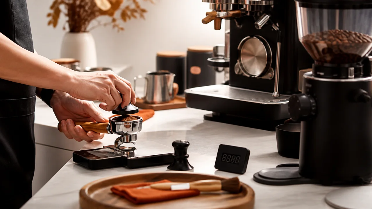 Espresso makinesi yanında hassas tartı ve kahve hazırlama ekipmanları